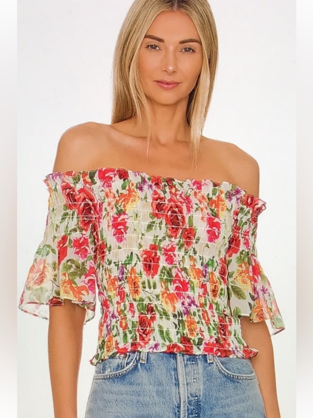 L’Agence Bexley Off Shoulder Smocked Top in White Multi Garden Floral S $260 - Picture 4 of 15